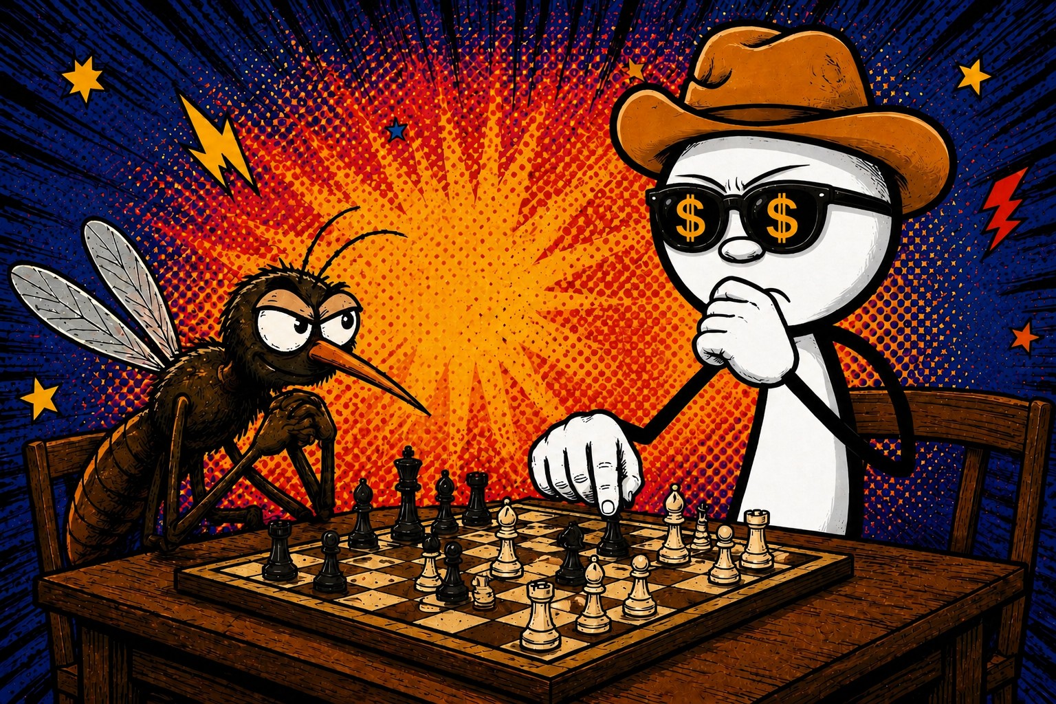 WRV Comics character playing chess with a mosquito